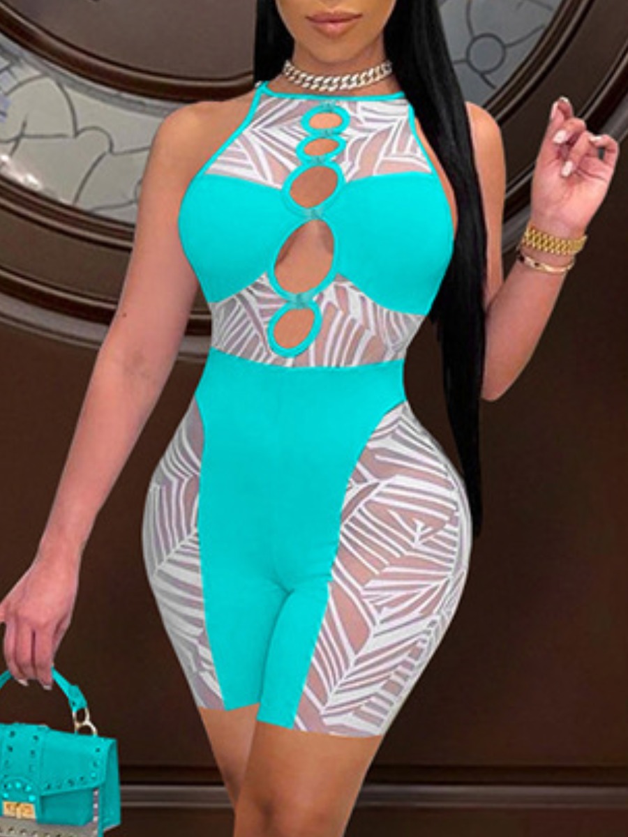 

Lovely Sexy See-through Hollow-out Acid Blue One-piece Romper