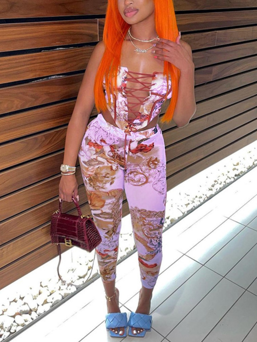 LW Floral Print Bandage Design Pants Set
