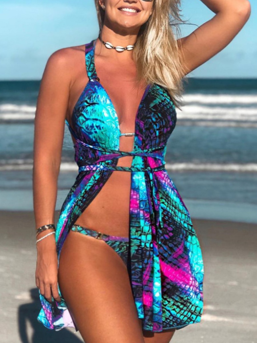 

Lovely Boho Print Bandage Design Multicolor Three-piece Swimsuit, Multi