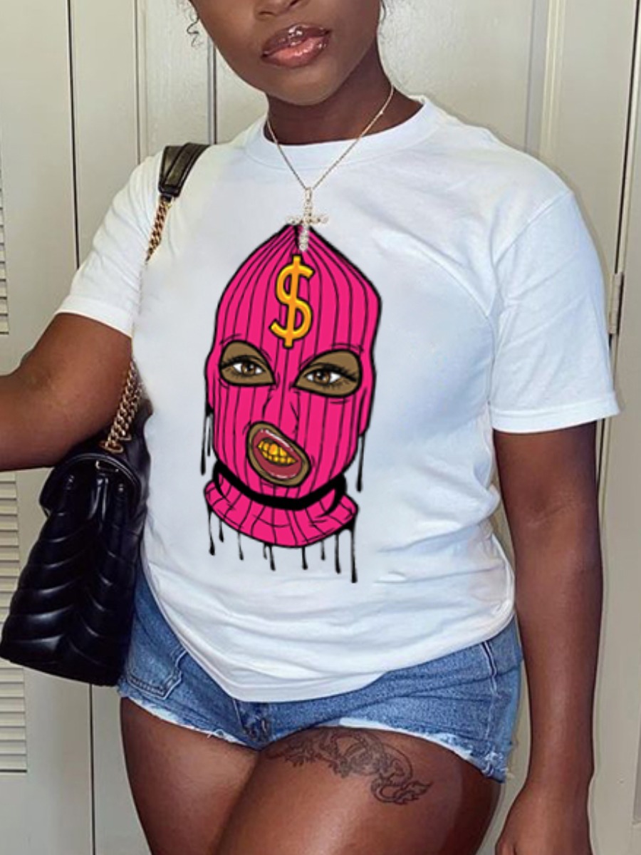 LovelyWholesale Casual Round Neck Masked Face Print White T-shirt Summer Short Sleeve Casual Basic Round Neck Spring Summer 2024