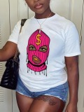 LW Casual Round Neck Masked Face Print White T-shirt
