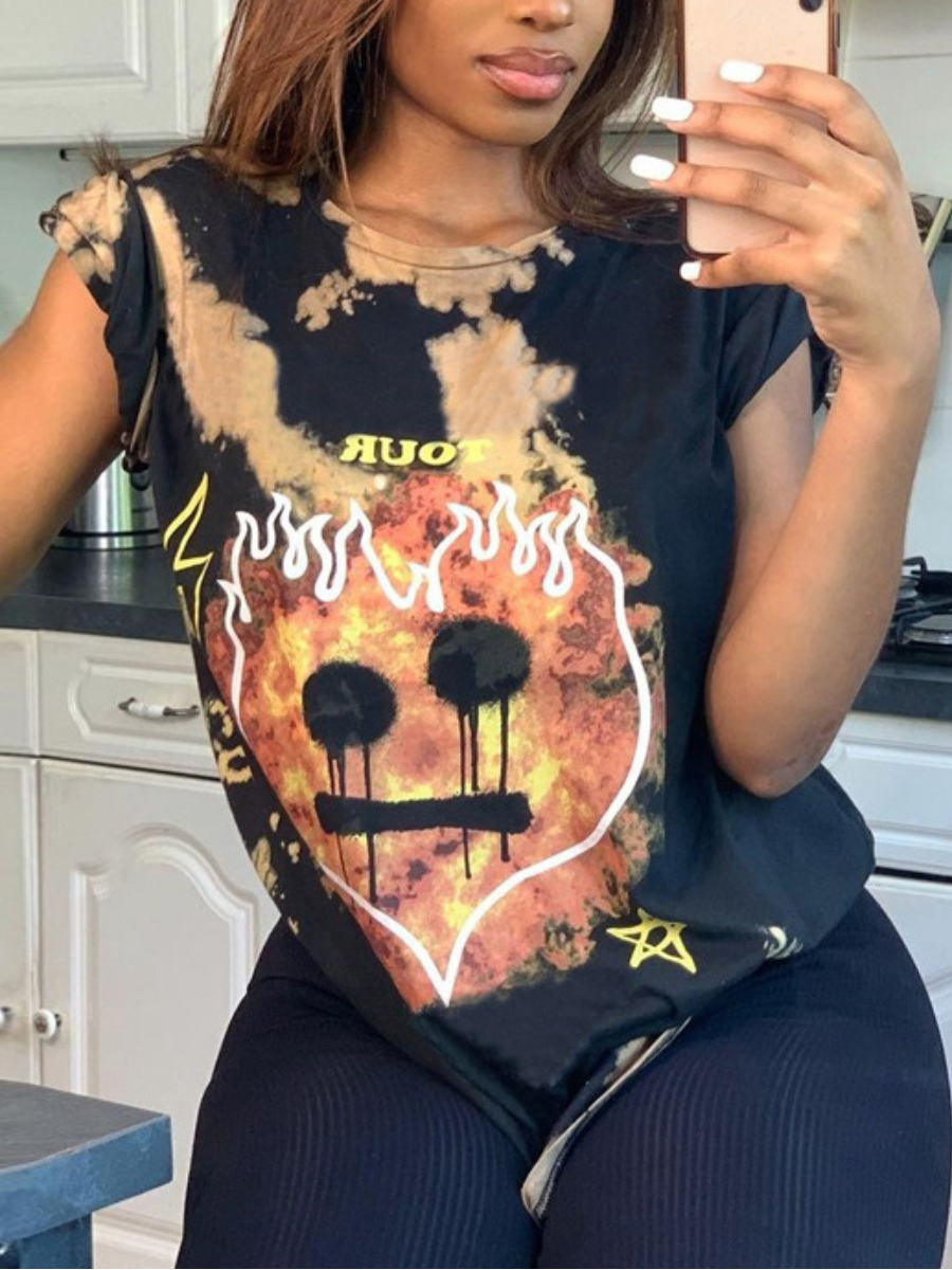 

Lovely Street Letter Print Tie-dye Black T-shirt