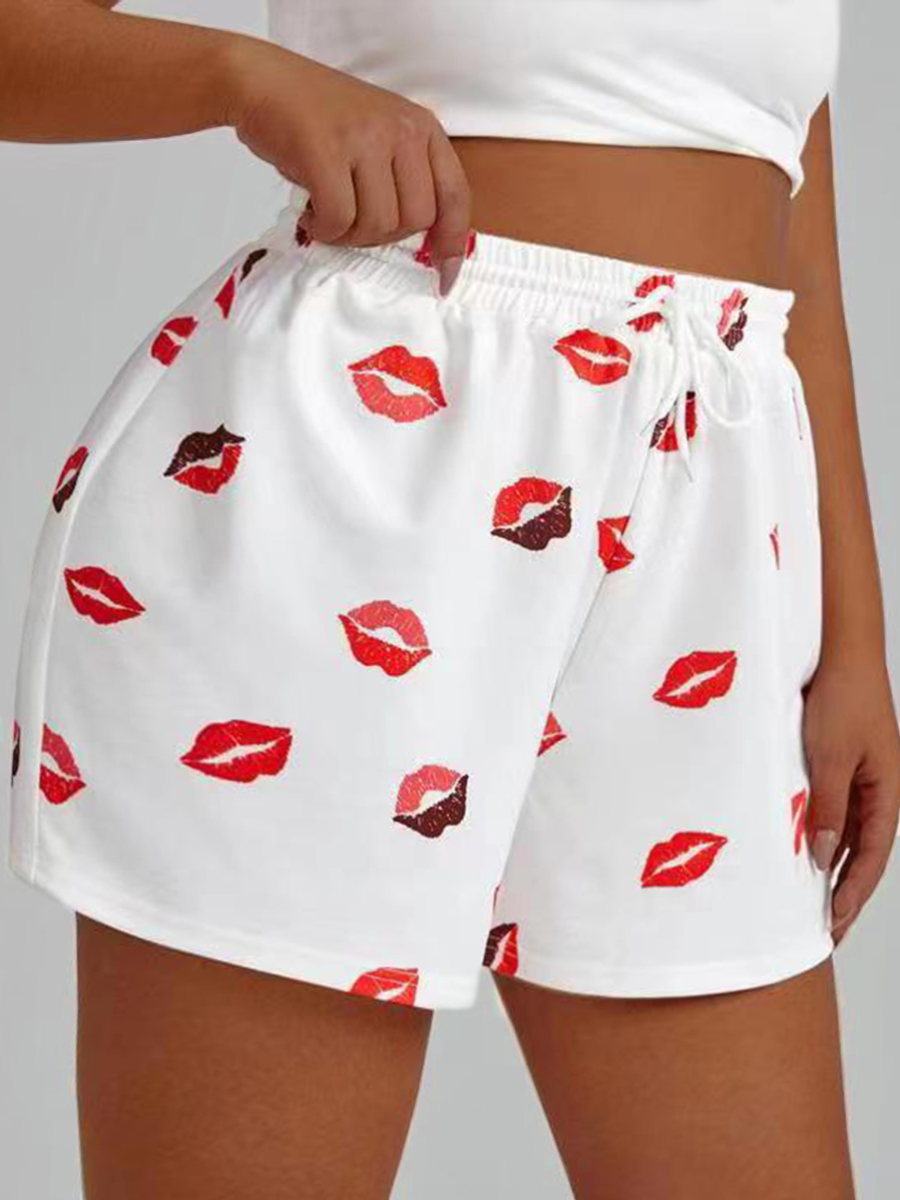 

Lovely Plus Size Casual Lip Print Drawstring White Shorts