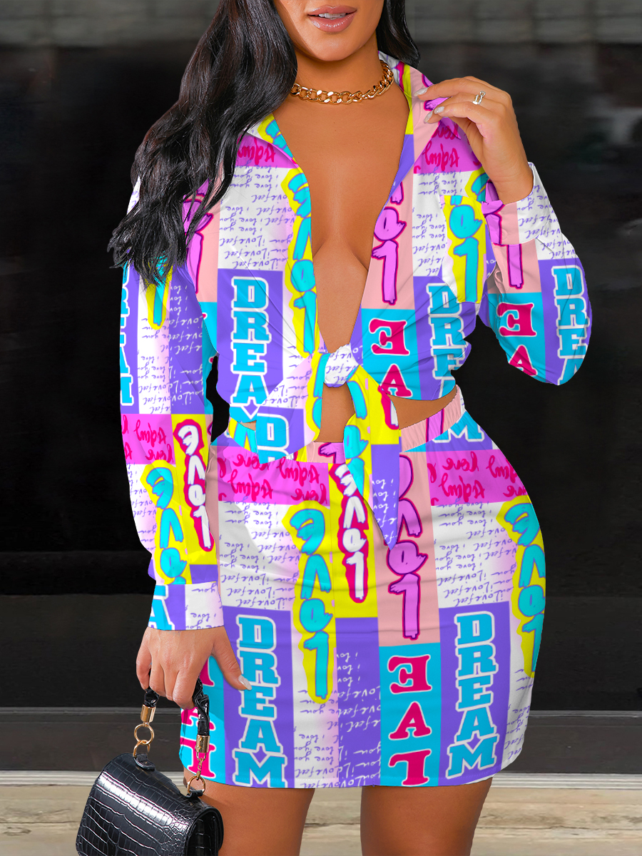 

LW Casual Letter Print Patchwork Multicolor Two Piece Skirt Set, Multi
