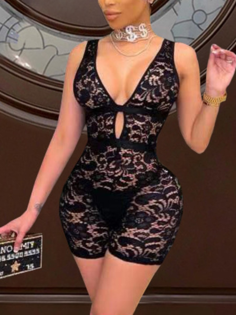 

Lovely Sexy V Neck See-through Black One-piece Romper