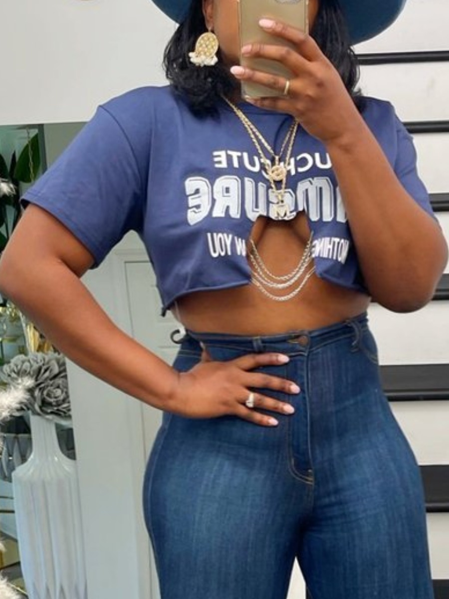 

Lovely Street Letter Print Chain Decoration Blue T-shirt