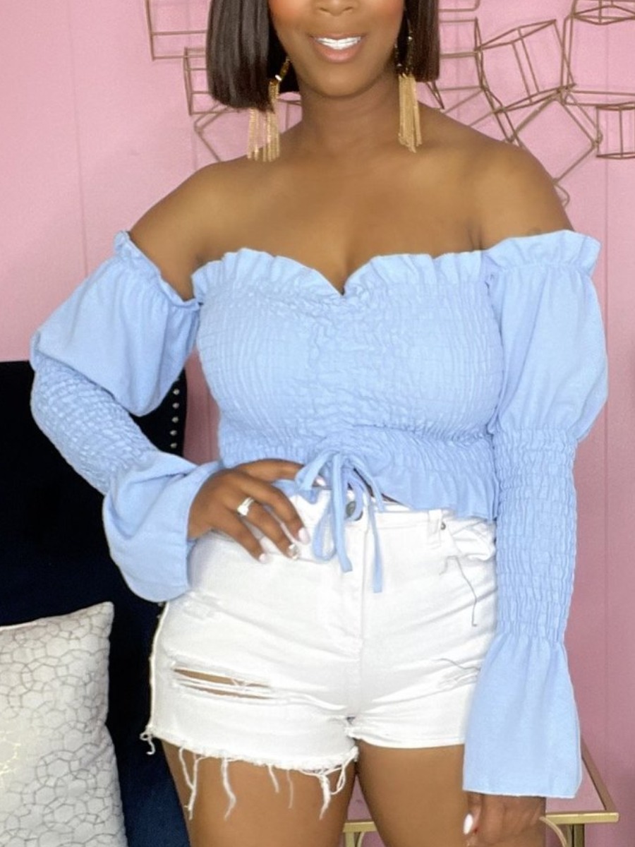 

Lovely Sweet Frill Trim Shirred Drawstring Blue Blouse