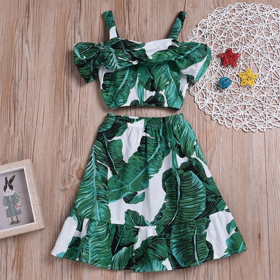 

Lovely Girl Boho Floral Print Flounce Design Green Two Piece Skirt Set