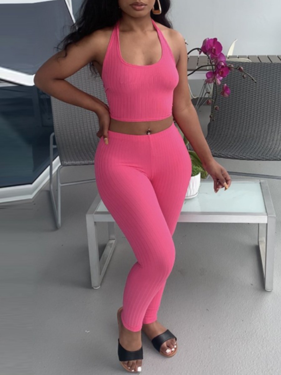 

Lovely Casual Rib-Knit Backless Bandage Design Pink Two Piece Pants Set