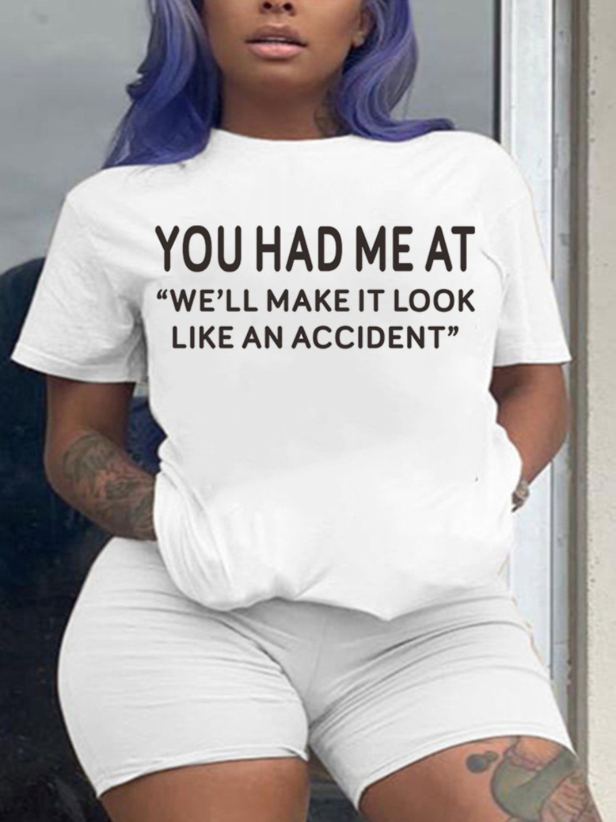 

LW BASICS Casual Round Neck Letter Print White T-shirt
