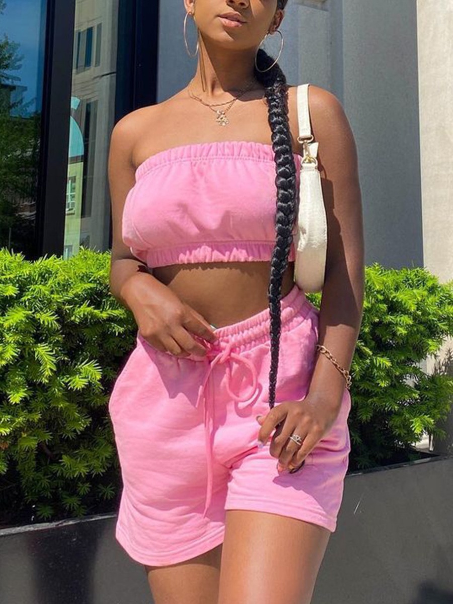 

LW Off The Shoulder Drawstring Crop Top Shorts Set, Pink