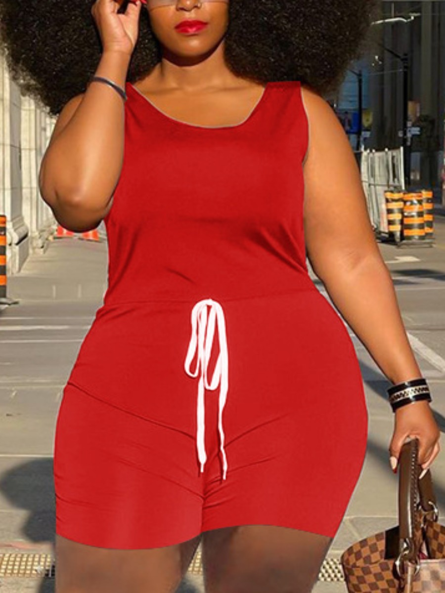 

Lovely Plus Size Casual U Neck Drawstring Red One-piece Romper