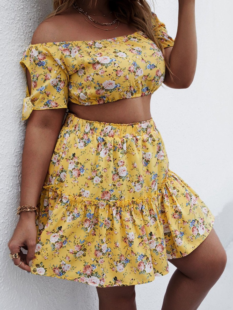 

Lovely Plus Size Boho Off The Shouder Floral Print Yellow Two-piece Skirt Set