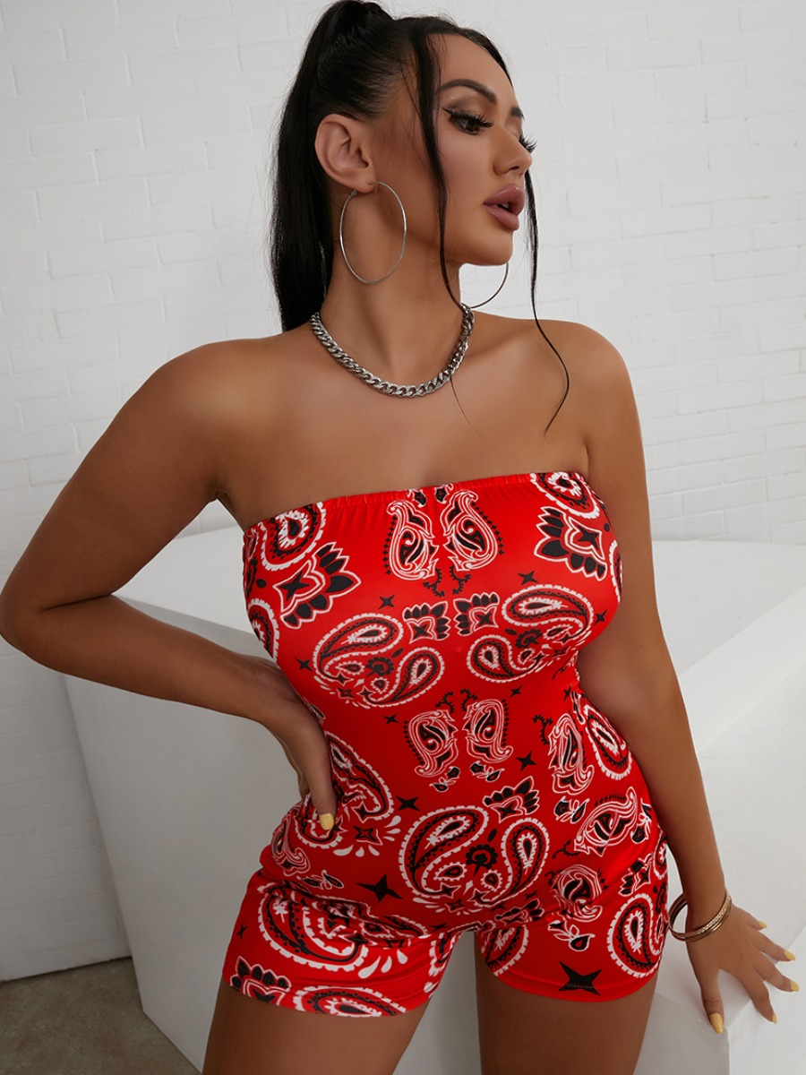 

LW Casual Off The Shoulder Cashew Print Red One-piece Romper