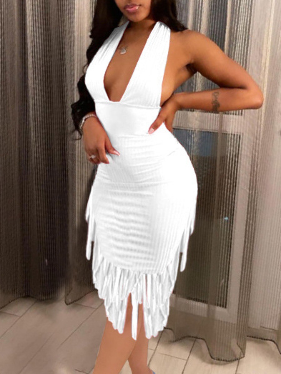 

Lovely Sexy Backless Tassel Design White Knee Length Dress