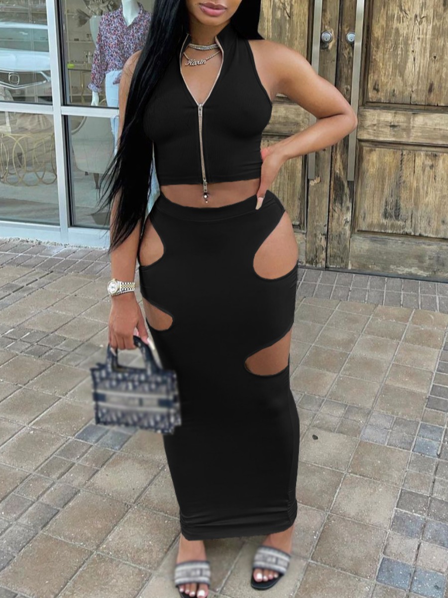 LW Street Hollow-out Zipper Design Black Two Piece Skirt Set