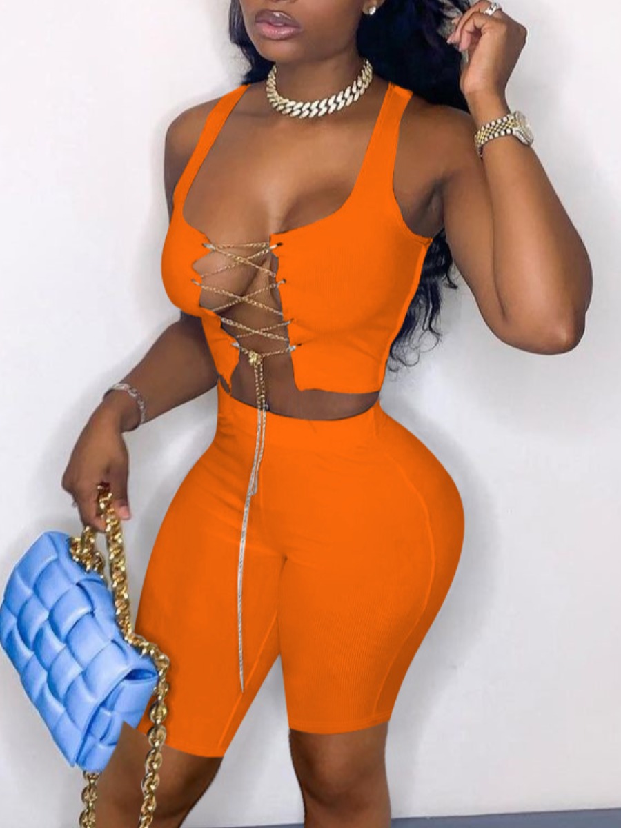 

LW Sexy Chain Hollow-out Design Croci Two Piece Shorts Set