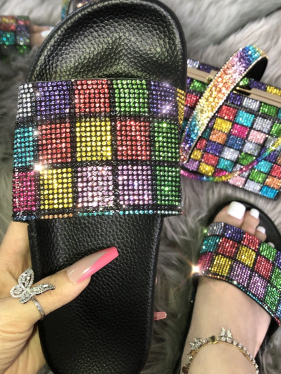

Lovely Casual Plaid Crystal Decoration Multicolor Slippers, Multi