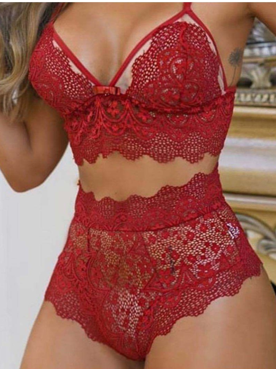 

LW SXY Lace Scalloped Bandage Design Wine Red Secret Set