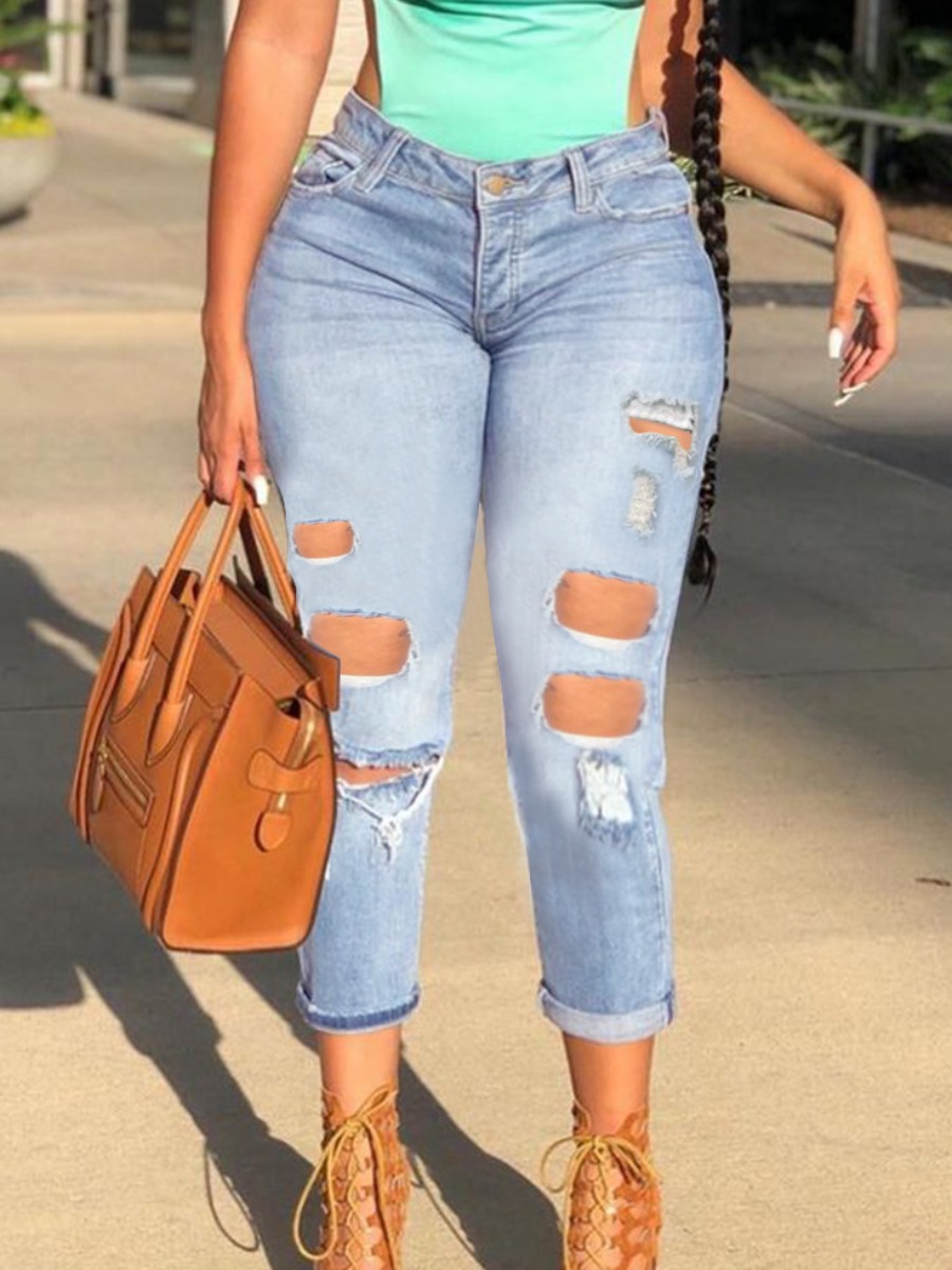 

Lovely Street Mid Waist Ripped Blue Jeans