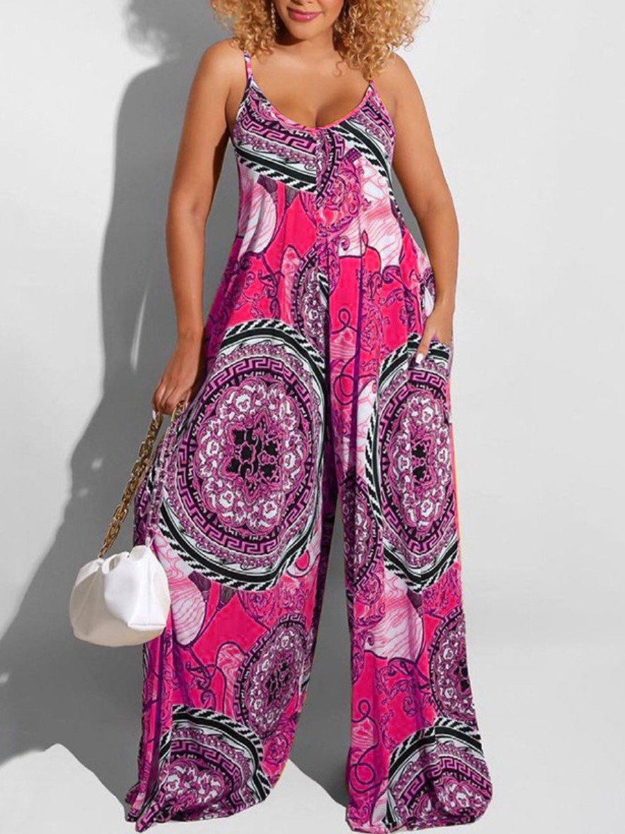 

LW Plus Size Street V Neck Floral Print Rose Red One-piece Jumpsuit