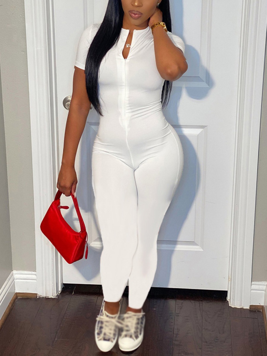 

LW BASICS Casual Zipper Design Skinny White One-piece Jumpsuit
