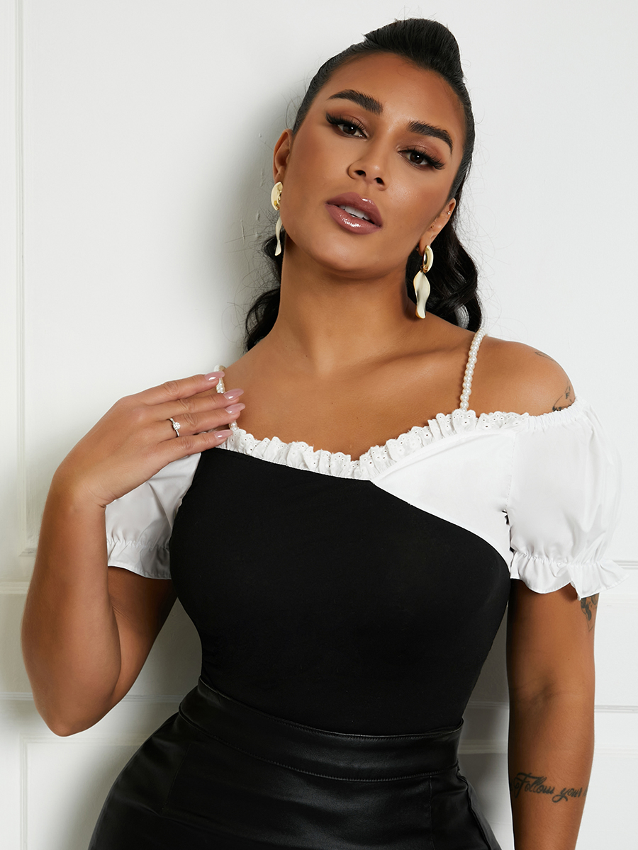 

Lovely Sweet Color-lump Frill Trim Black And White T-shirt