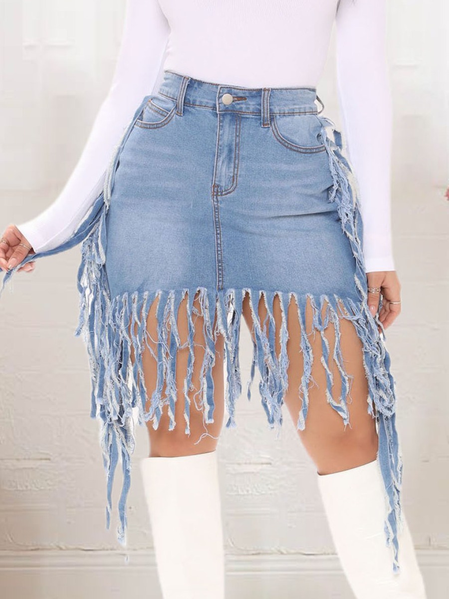

LW Street Tassel Design Baby Blue Knee Length Denim Skirt