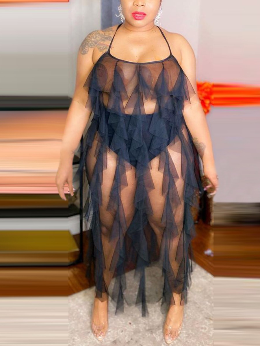 

Lovely Plus Size Sexy See-through Flounce Design Black Ankle Length Dress