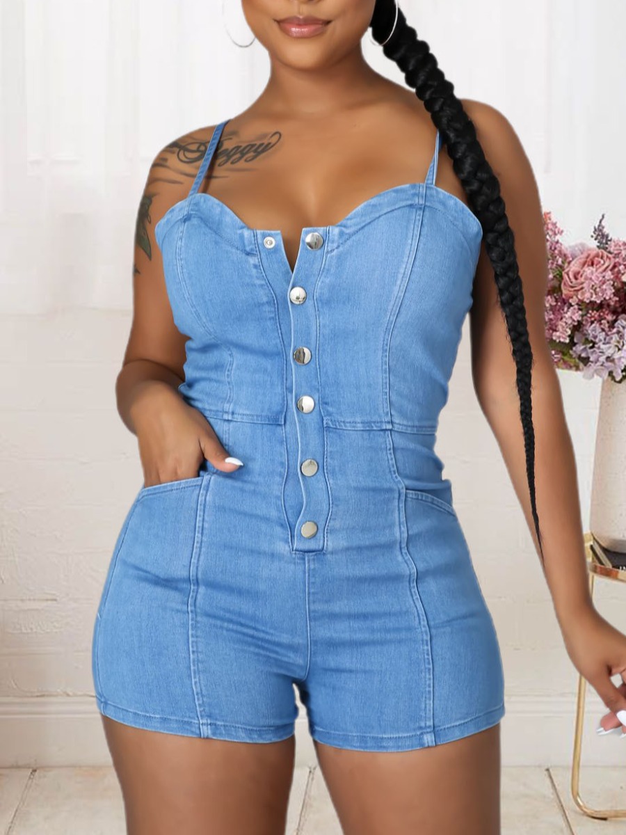 

LW Casual Pocket Button Design Baby Blue One-piece Denim Jumpsuit