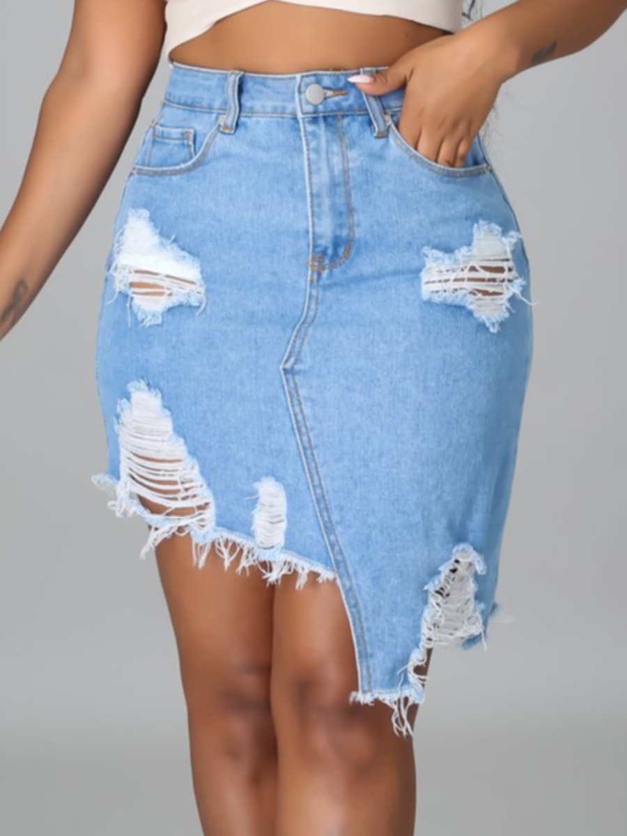 

Lovely Casual Ripped Asymmetric Design Blue Denim Skirts