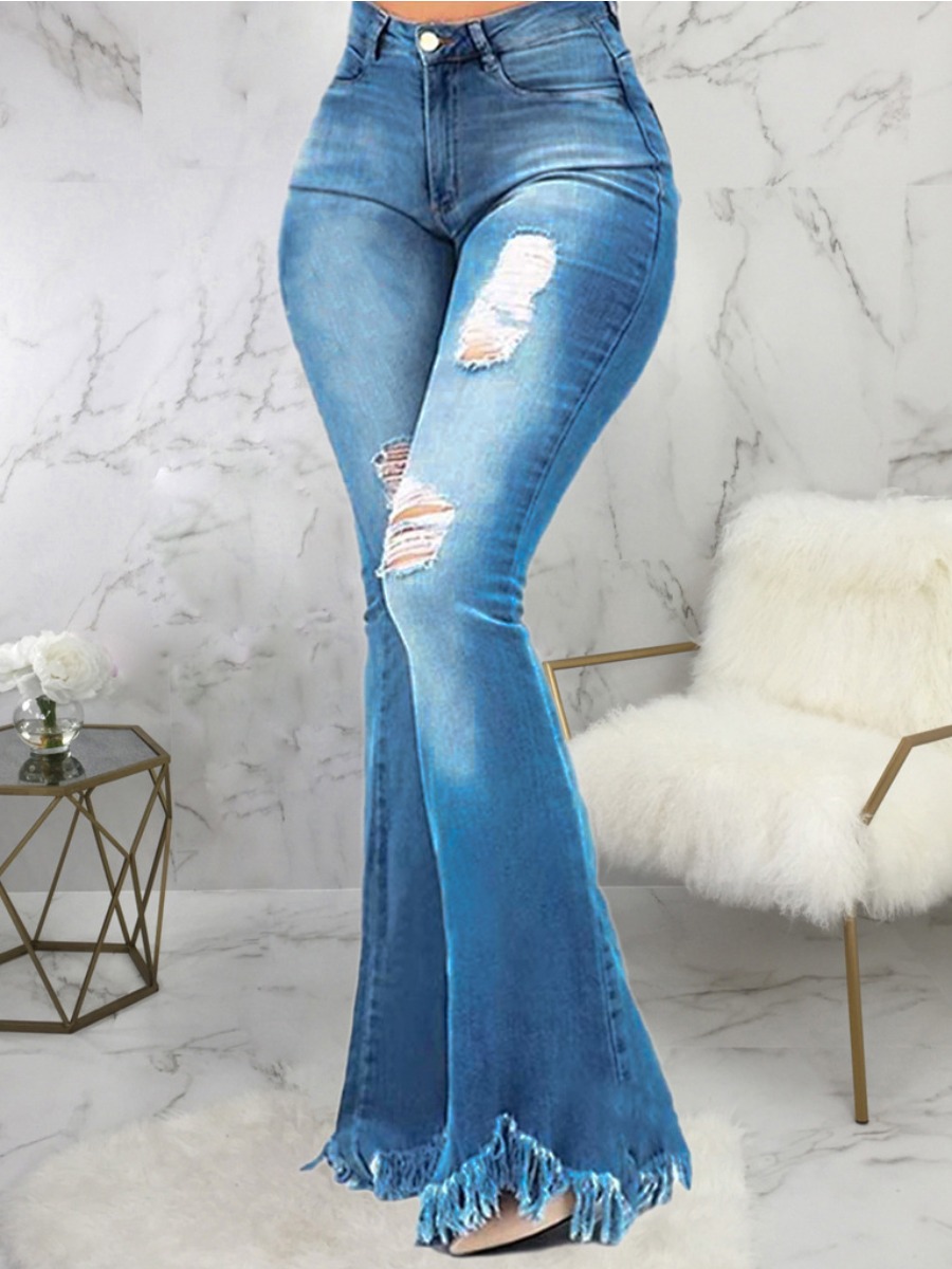 

Lovely Casual Ripped Flared Raw Edge Blue Jeans