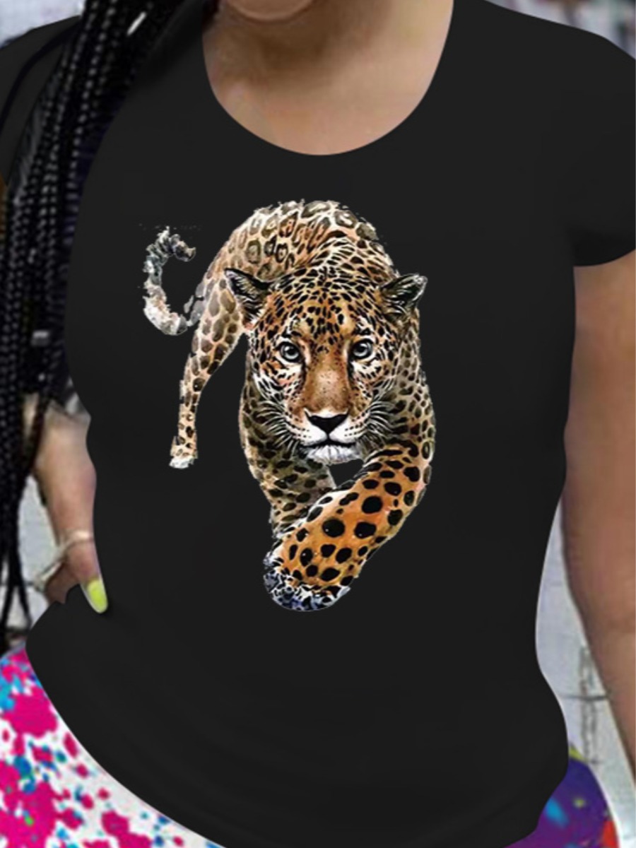 

Lovely Plus Size Casual Round Neck Leopard Print Black T-shirt