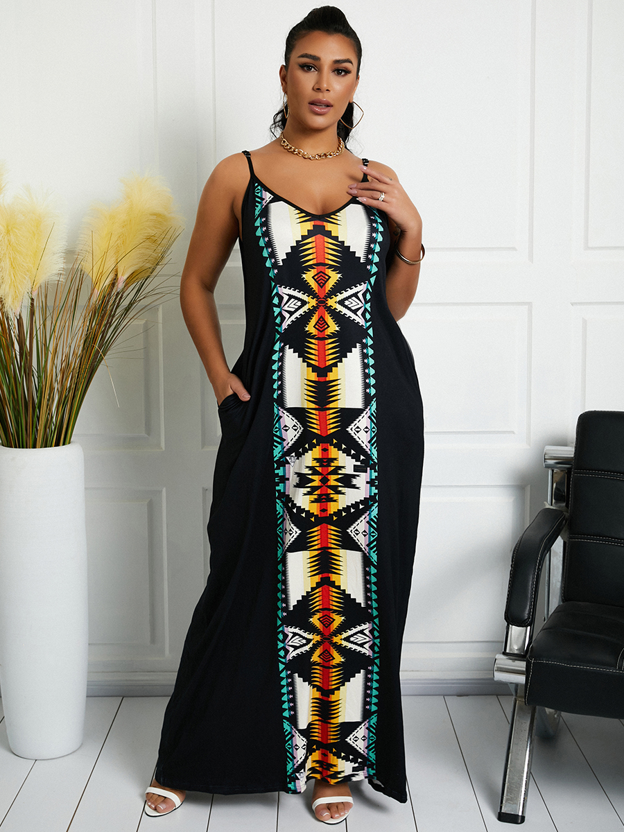 

Lovely Boho Geometric Print Pocket Design Black Ankle Length Dress