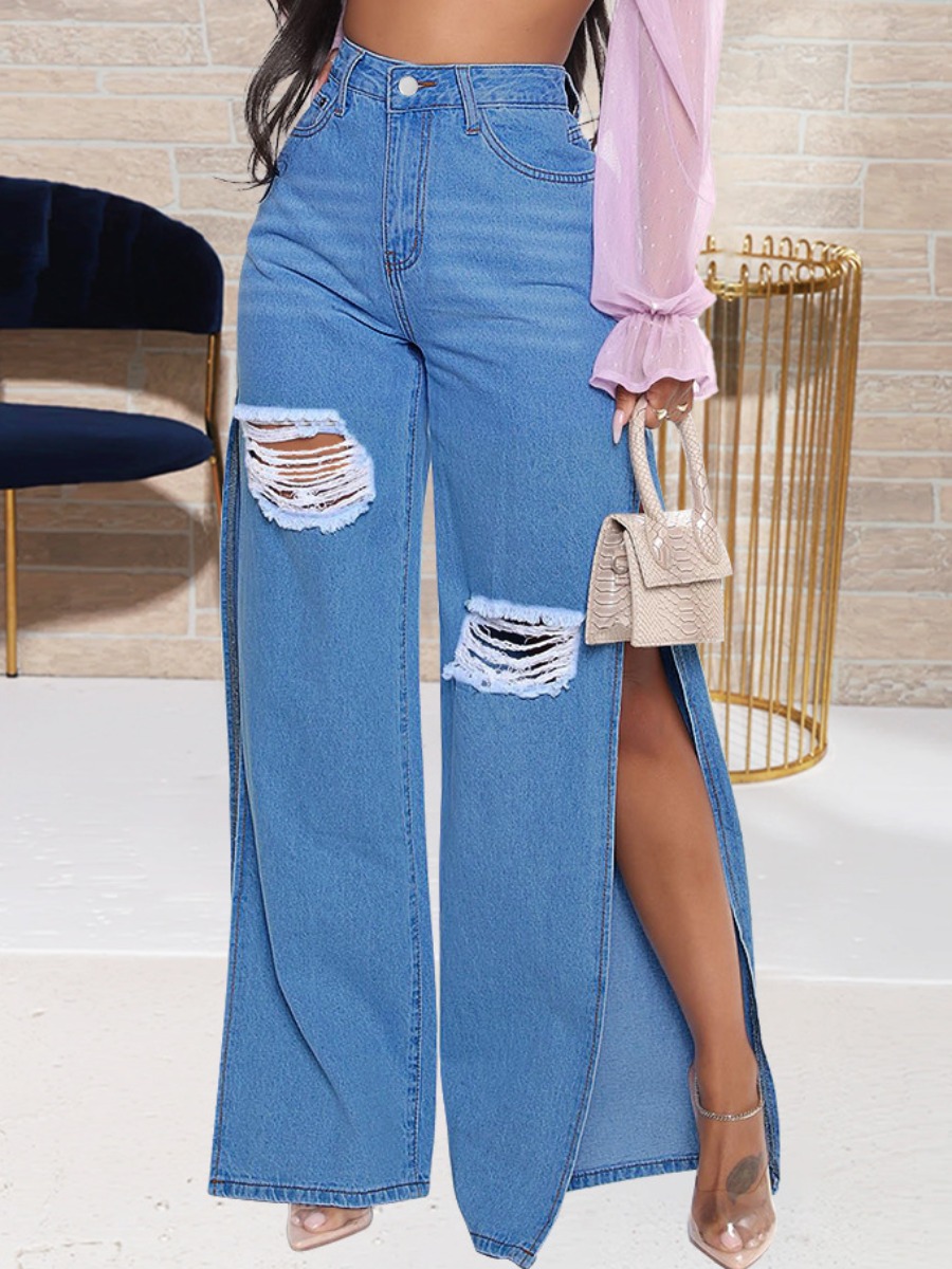 

LW Casual Ripped Split Blue Jeans