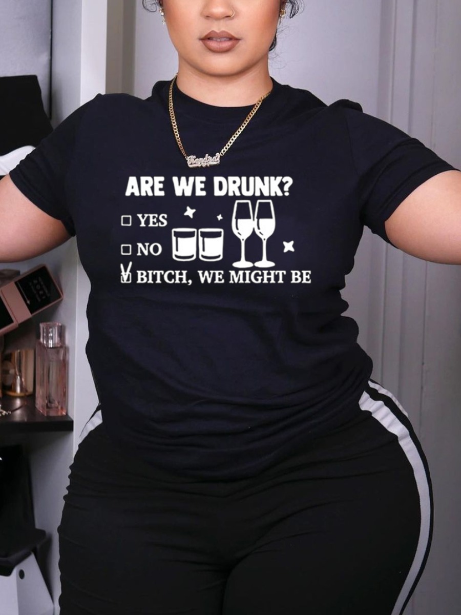 

Lovely Casual Round Neck Letter Print Black T-shirt