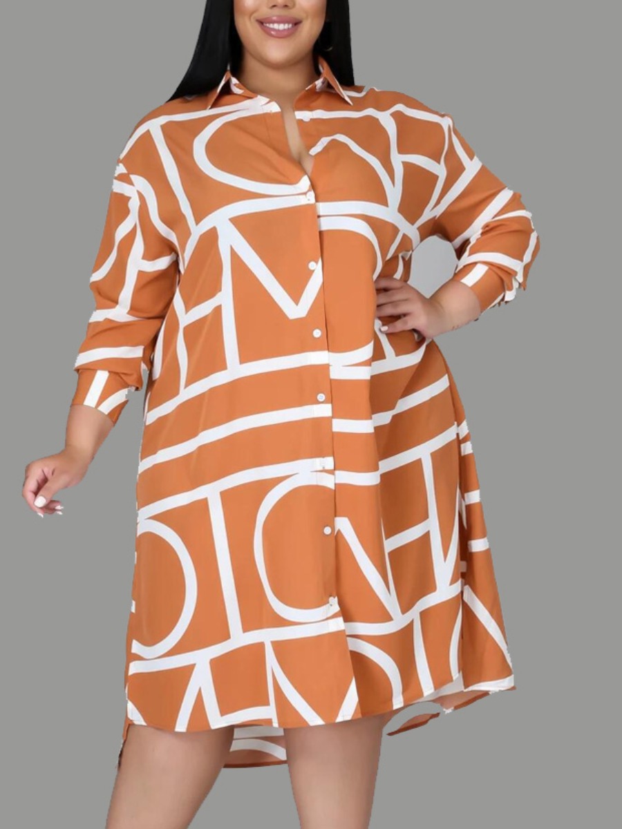 

Lovely Plus Size Casual Turndown Collar Letter Print Croci Mid Calf Shirt Dress