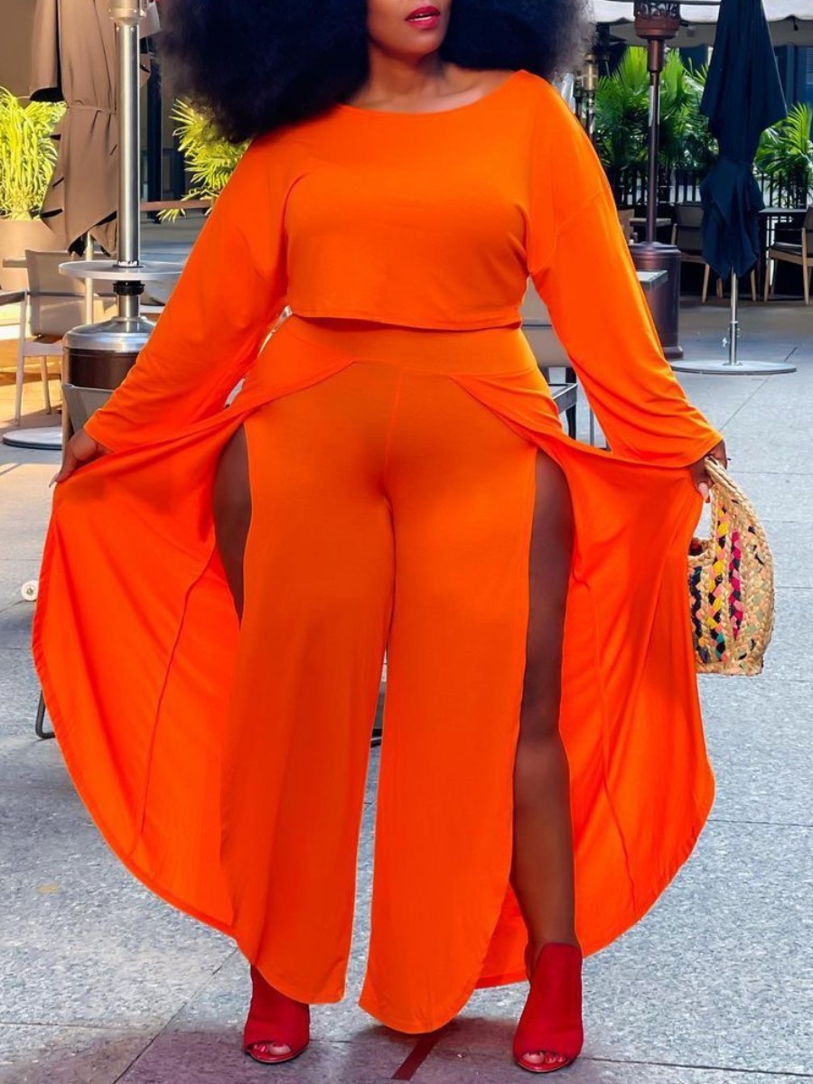 

LW Plus Size Casual Round Neck Split Croci Two-piece Pants Set