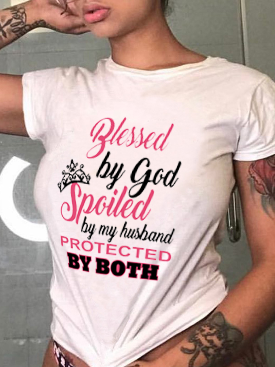 

LW Casual Round Neck Letter Print White T-shirt