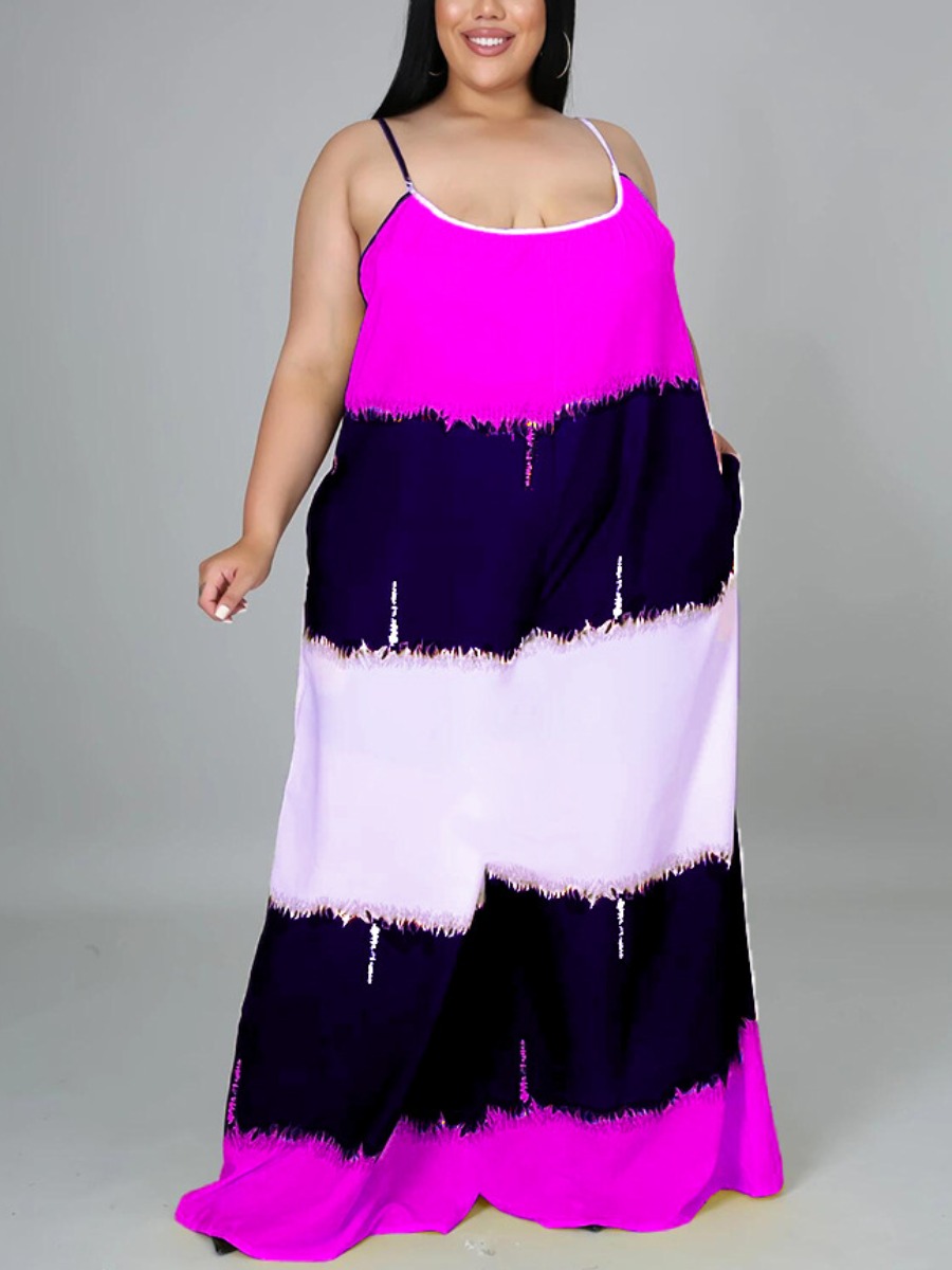 

LW BASICS Plus Size Boho Spaghetti Strap Tie-dye Rose Red Floor Length Dress