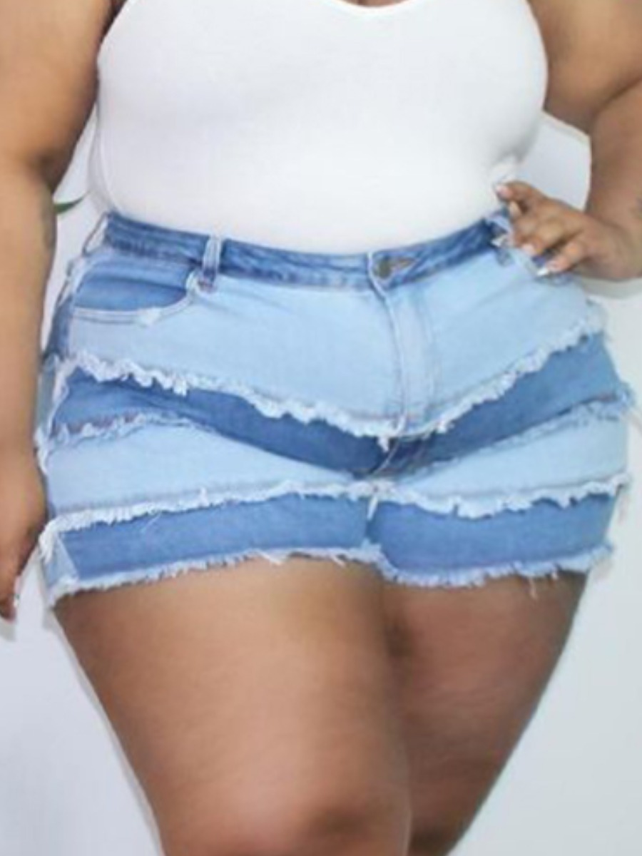 

Lovely Plus Size Street Raw Edge Patchwork Baby Blue Denim Shorts