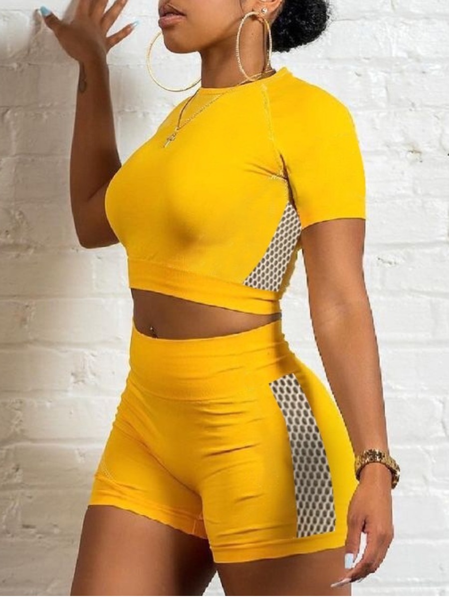 

Lovely Sporty Dot Print Tear Yellow Two Piece Shorts Set