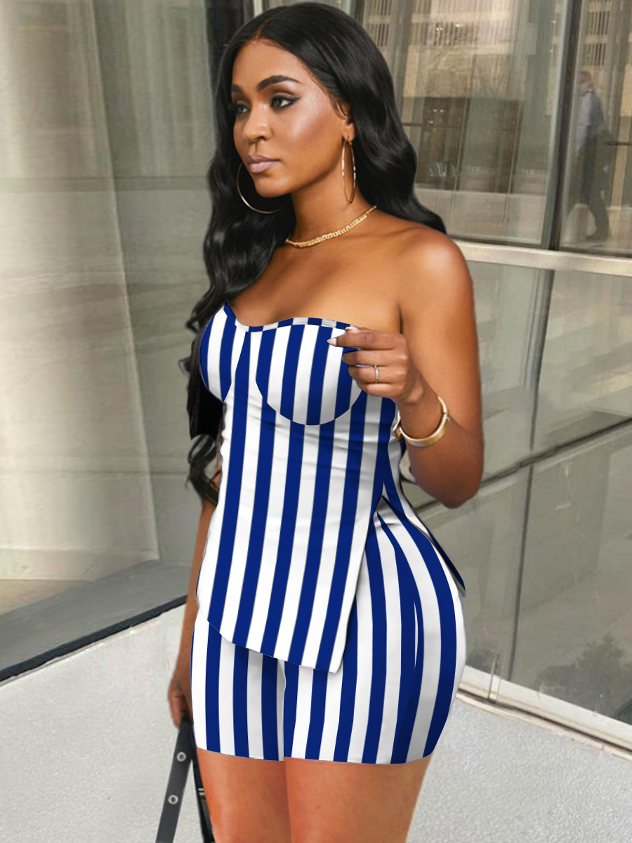 

LW Off The Shoulder Striped Slit Two Piece Shorts Set, Blue stripe