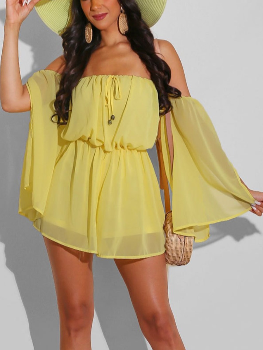 

Lovely Sweet Off The Shoulder Flounce Design Yellow One-piece Romper