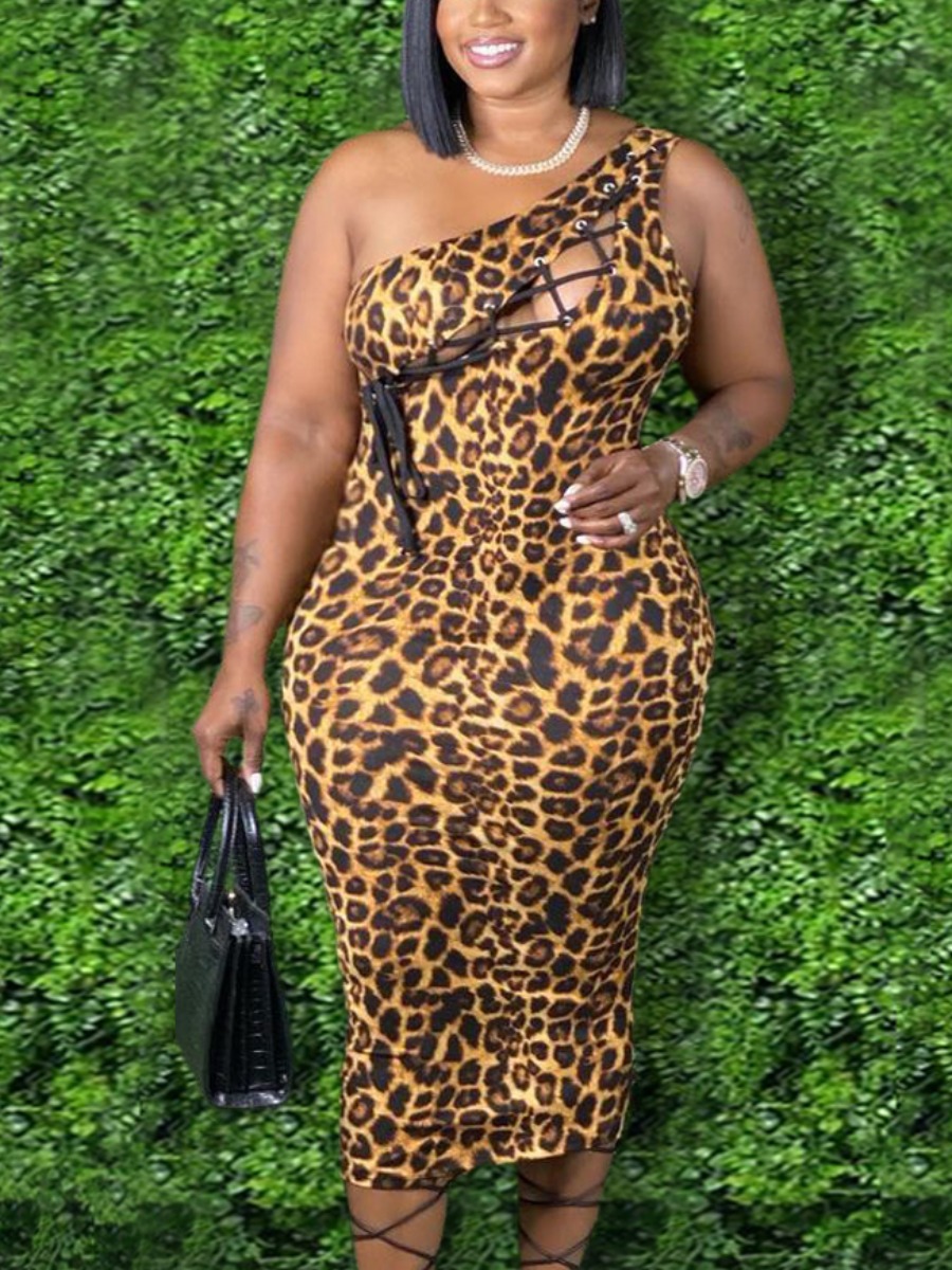 

LW SXY Plus Size Bandage Hollow-out Design Leopard Mid Calf Dress