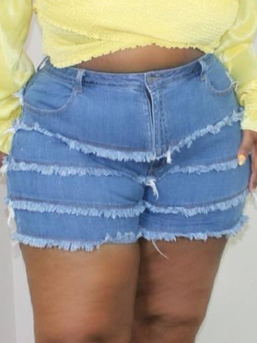 

Lovely Plus Size Street High-waisted Raw Edge Blue Denim Shorts