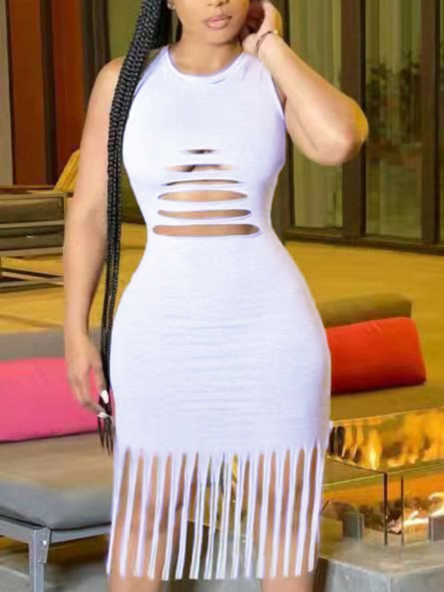 

Lovely Sexy Hollow-out Tassel Design White Knee Length Dress