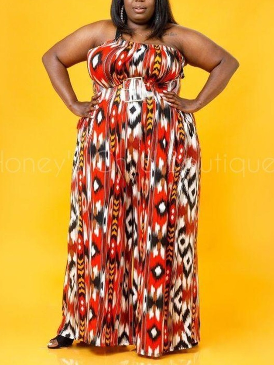 

LW BASICS Plus Size Boho One Shoulder Mix Print Red One-piece Jumpsuit