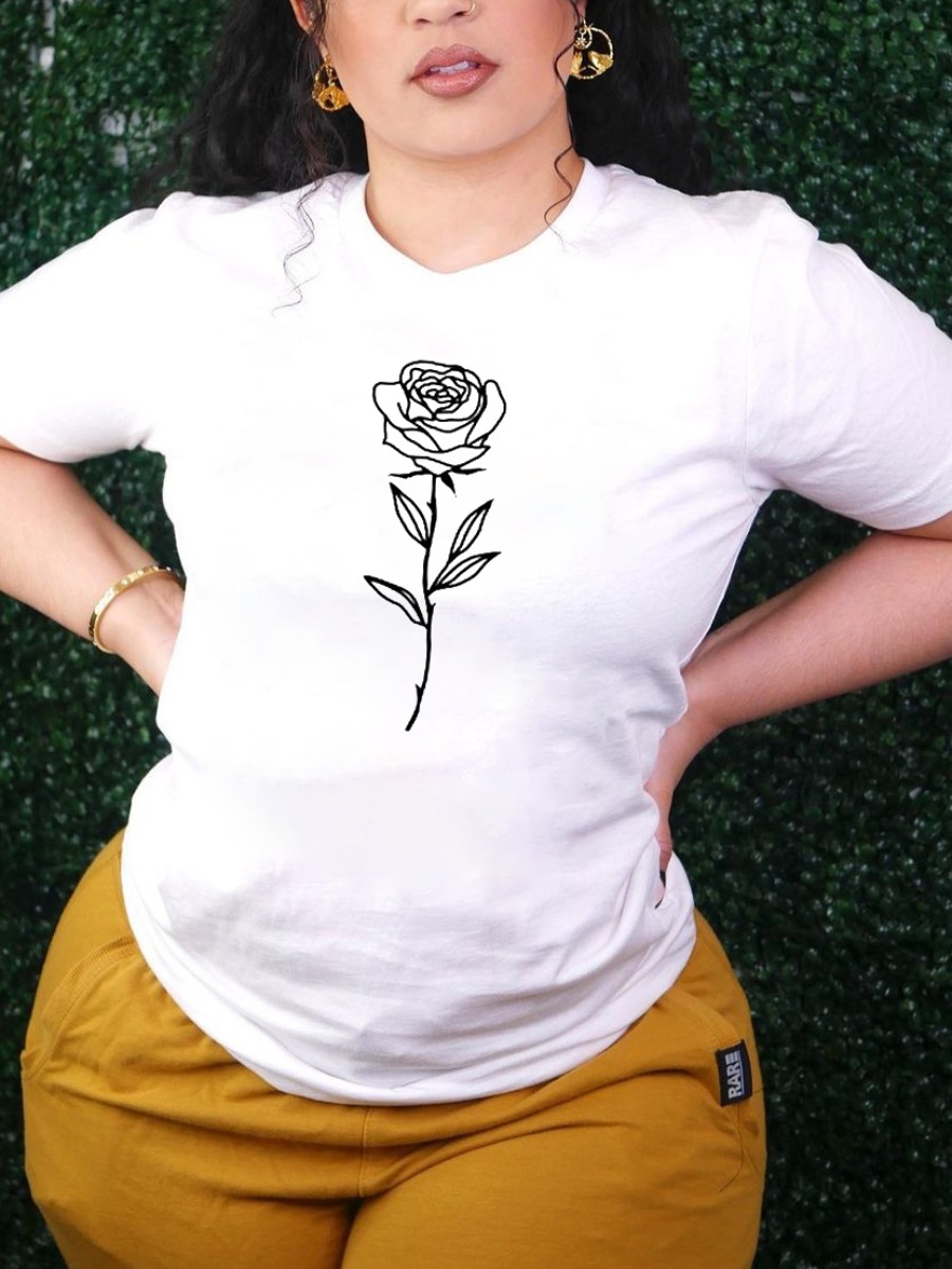 

Lovely Casual Round Neck Floral Print White T-shirt