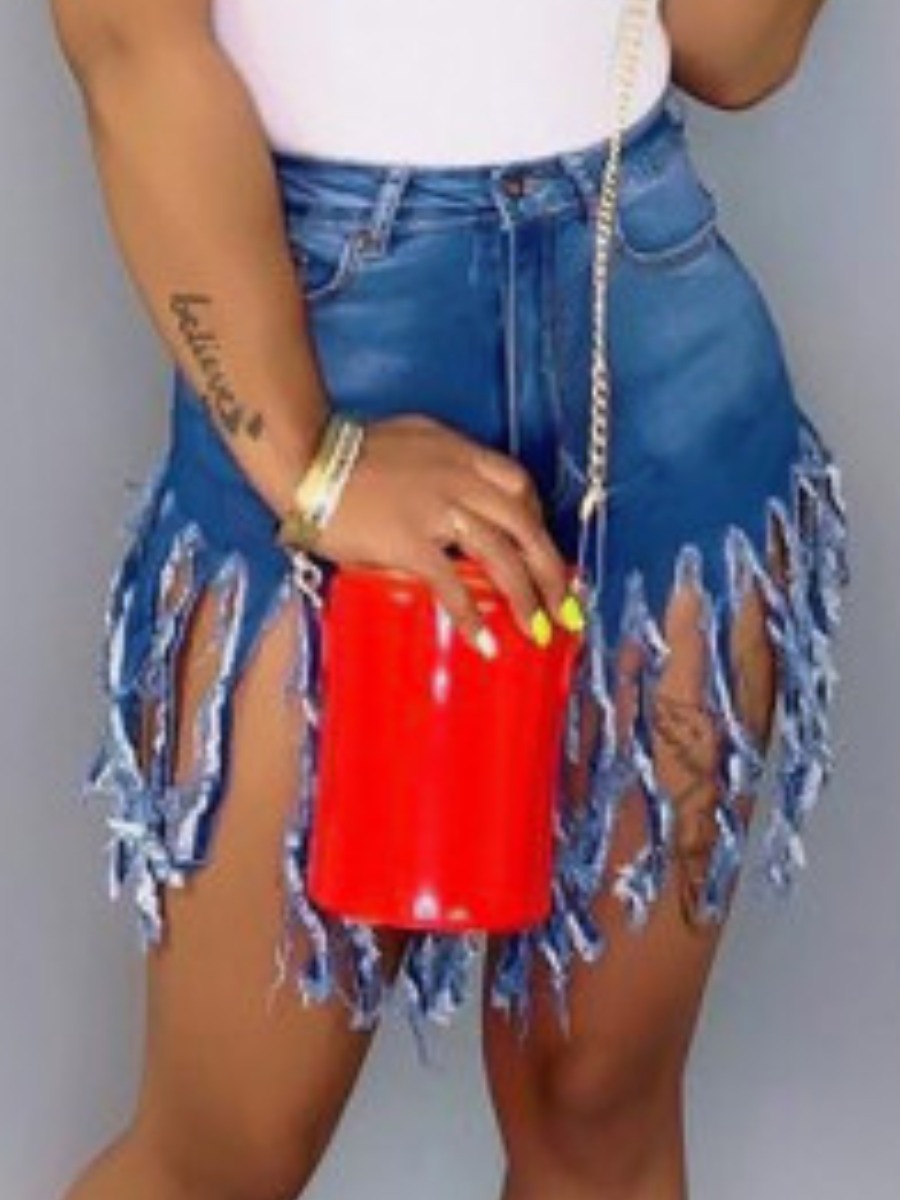 

LW Casual High-waisted Tassel Design Blue Denim Shorts
